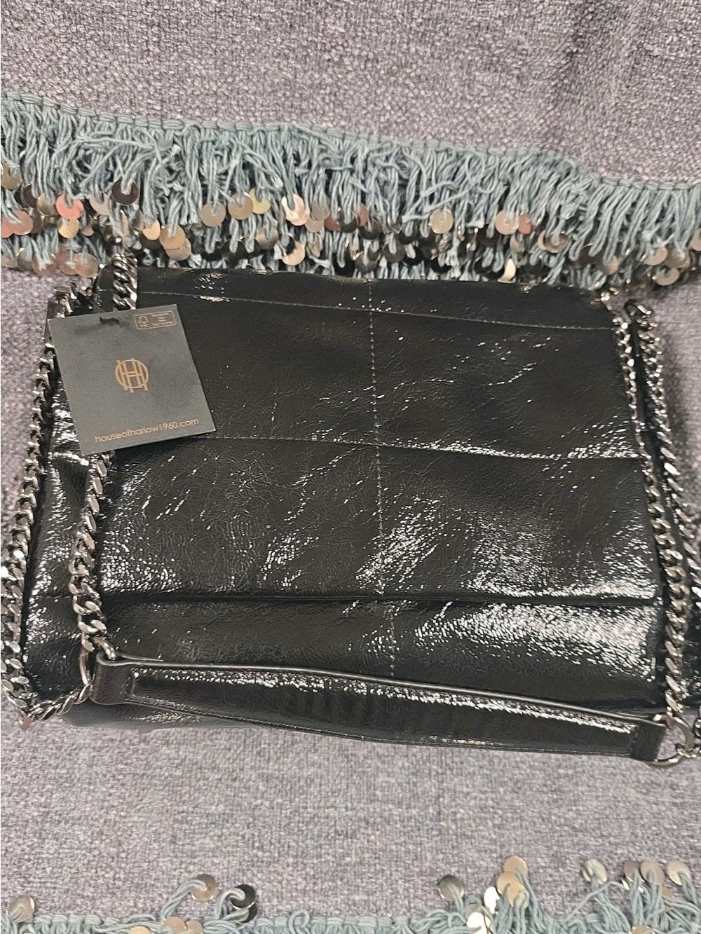 Black Patent Leather Shoulder Bag with Chain Strap
